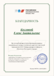 Генеральный директор Совета Козлова Елена получила Благодарность за личный вклад в популяризацию охраны  окружающей среды и активное участие в деловой  программе XXIV Международного форума  «Экология большого города»